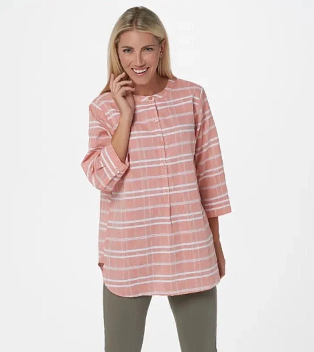 Joan Rivers Top 1X Coral Windowpane 3/4 Sleeve Tunic 100% Cotton